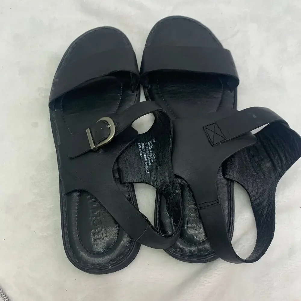 Born Womens Sz 9 Selway Black Sandals Silver Buckle Double Slingback Cushion